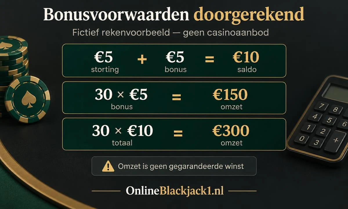 OnlineBlackjack1 fictief bonusvoorbeeld: vijf euro storting plus vijf euro bonus is tien euro saldo; dertig keer de bonus is 150 euro omzet en dertig keer het totaal is 300 euro omzet. Omzet is geen gegarandeerde winst.