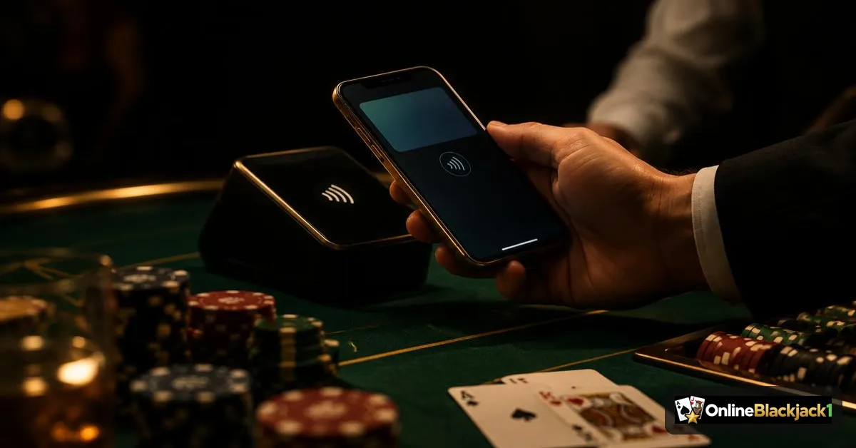 Online casino met Apple Pay: iPhone betaalt contactloos boven een blackjacktafel met fiches en kaarten – OnlineBlackjack1
