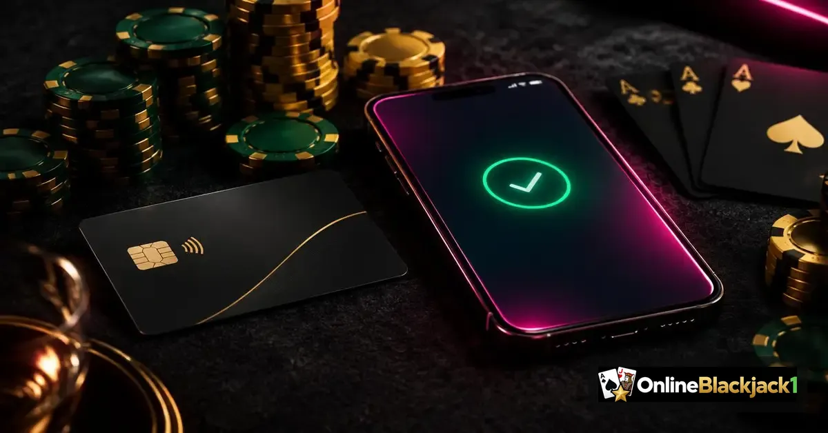 Buitenlandse casino met iDEAL: geslaagde iDEAL-betaling op smartphone naast bankpas en casinofiches – OnlineBlackjack1