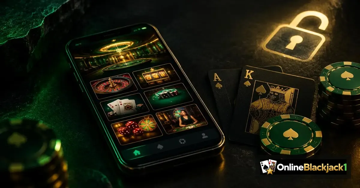 Casino zonder Cruks: smartphone met online casino lobby naast blackjack kaarten en fiches – OnlineBlackjack1