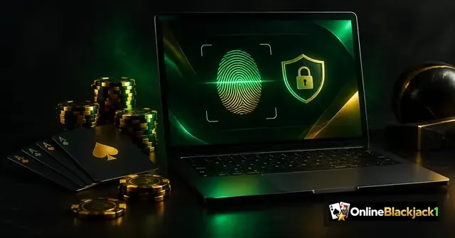 Online casino zonder iDIN: laptop met verificatiescherm naast blackjack kaarten, spelen zonder iDIN-verificatie – OnlineBlackjack1