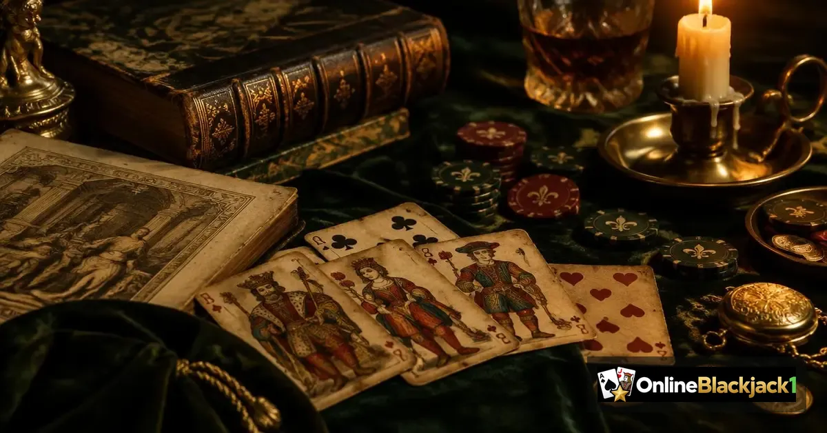 Geschiedenis van blackjack: antieke speelkaarten en oud boek bij kaarslicht, van vingt-et-un tot online blackjack – OnlineBlackjack1