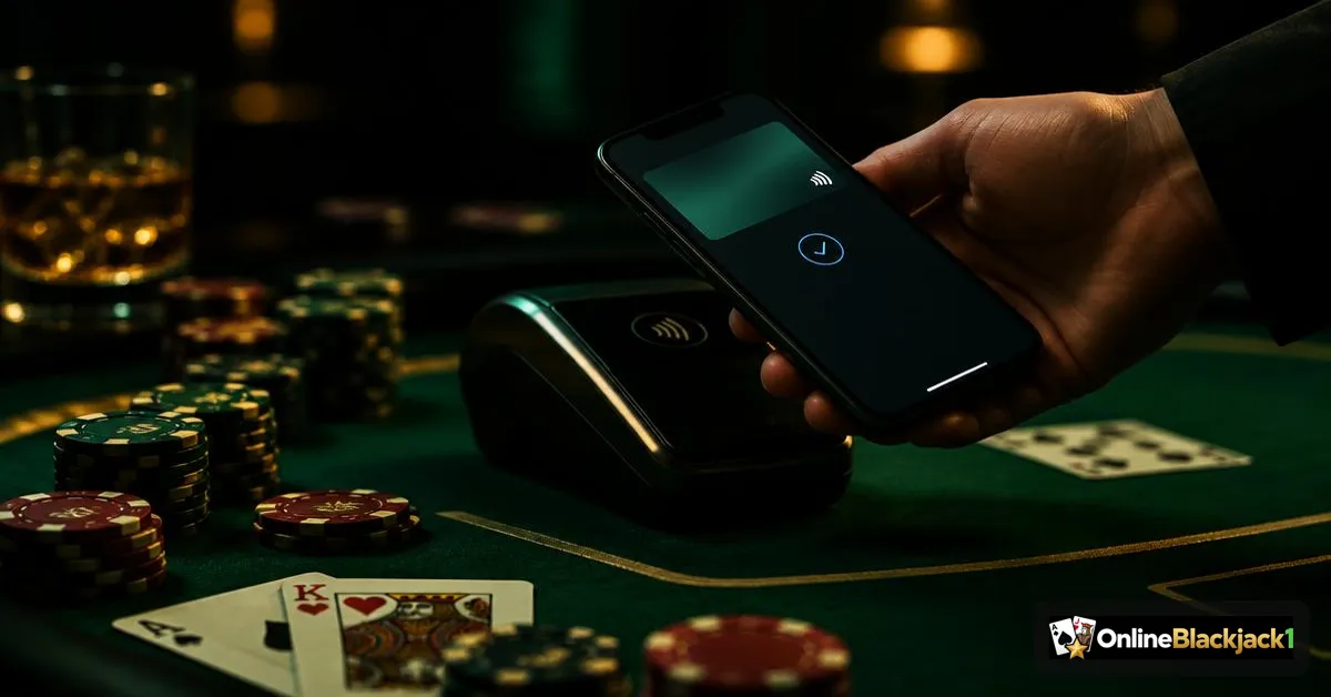Online casino met Google Pay: Android-smartphone met mobiele wallet boven een blackjacktafel met fiches – OnlineBlackjack1