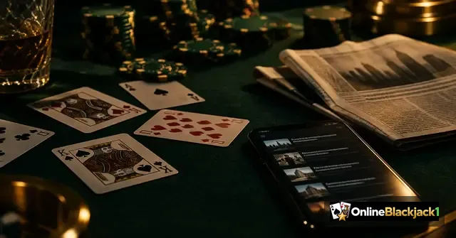 Blackjack en casino nieuws: krant naast speelkaarten en fiches op een groene speeltafel – OnlineBlackjack1