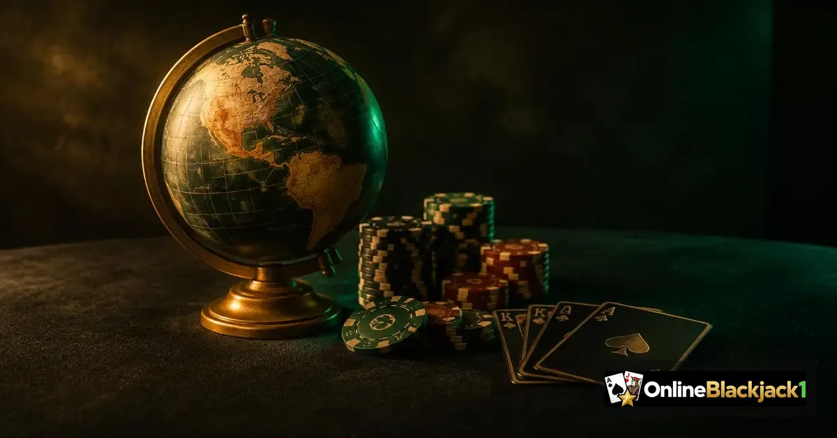 Online casino buitenland: wereldbol met casinofiches en speelkaarten voor buitenlandse online casino's – OnlineBlackjack1