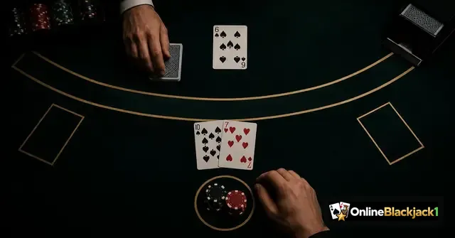 Blackjack spelregels uitgelegd: blackjacktafel met spelershand 10 en 7 tegen dealerkaart 6 – OnlineBlackjack1