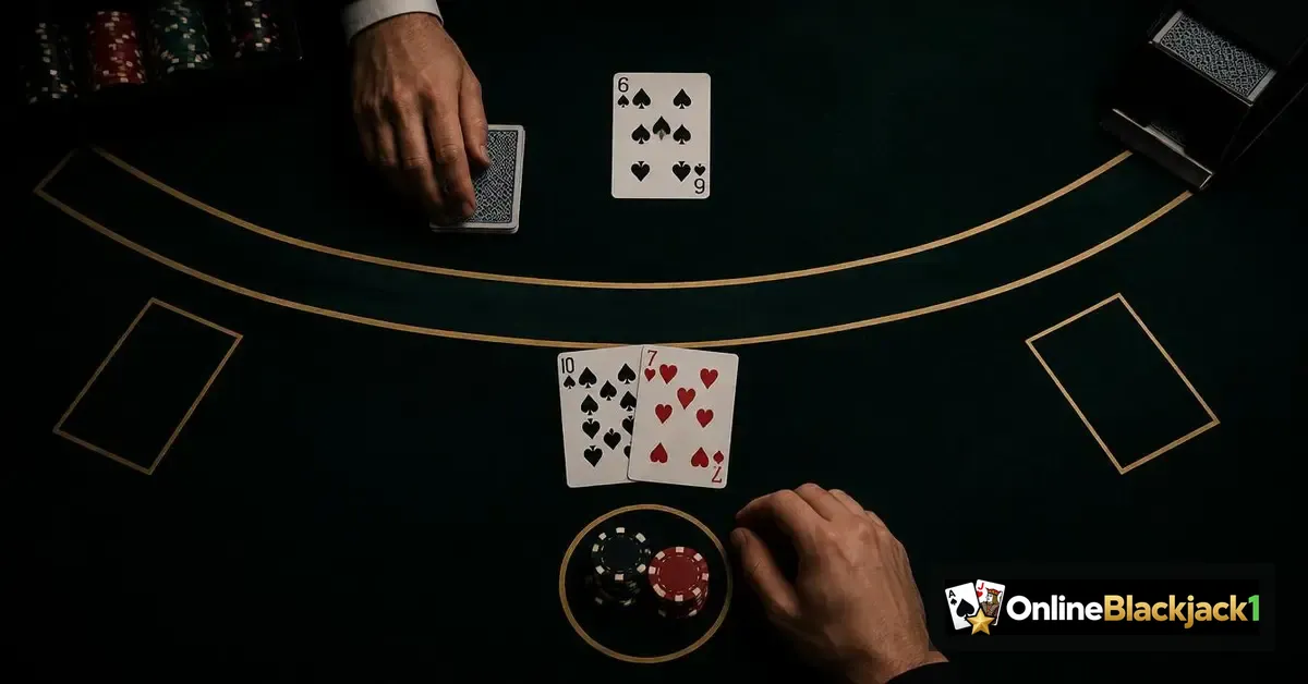 Blackjack spelregels uitgelegd: blackjacktafel met spelershand 10 en 7 tegen dealerkaart 6 – OnlineBlackjack1