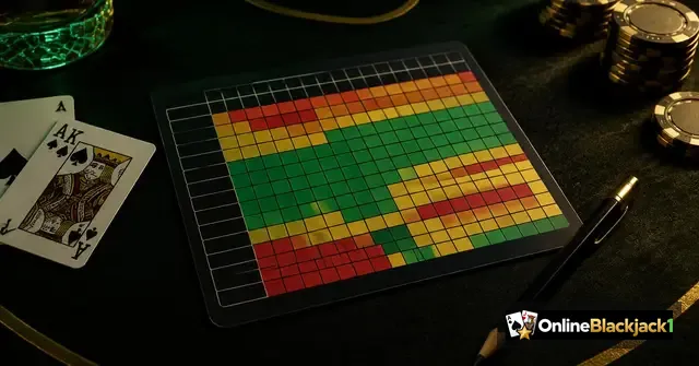Beste blackjack strategie: basisstrategie-tabel op de speeltafel naast aas en heer en casinofiches – OnlineBlackjack1