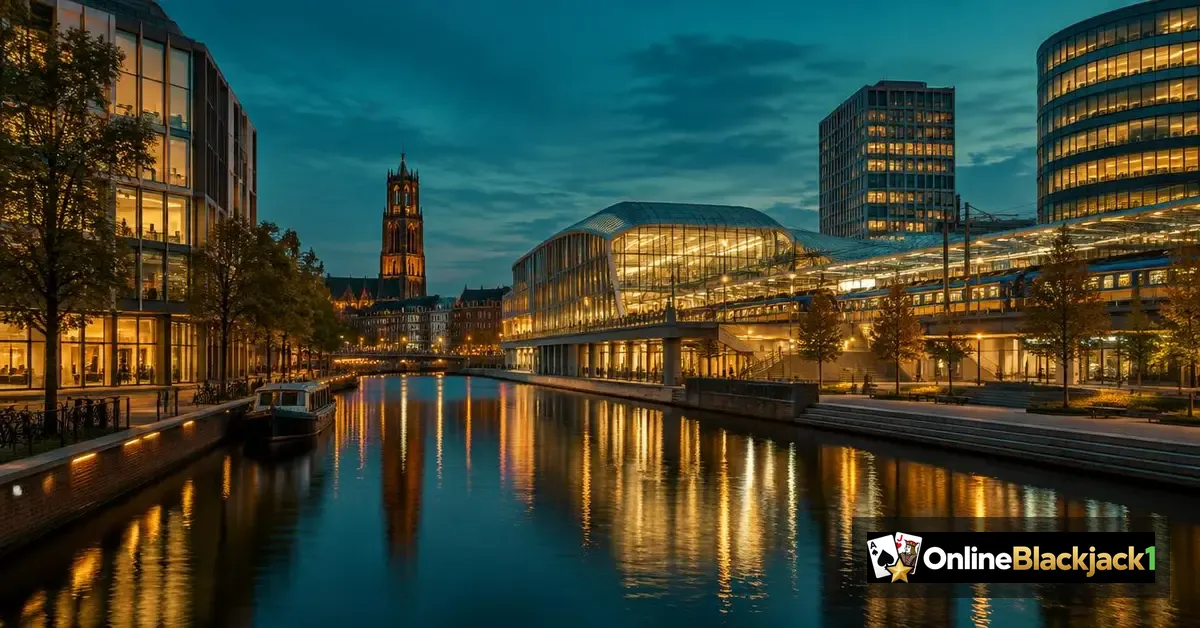 Holland Casino Utrecht verhuisd: Utrecht bij avond met gracht en Domtoren – OnlineBlackjack1